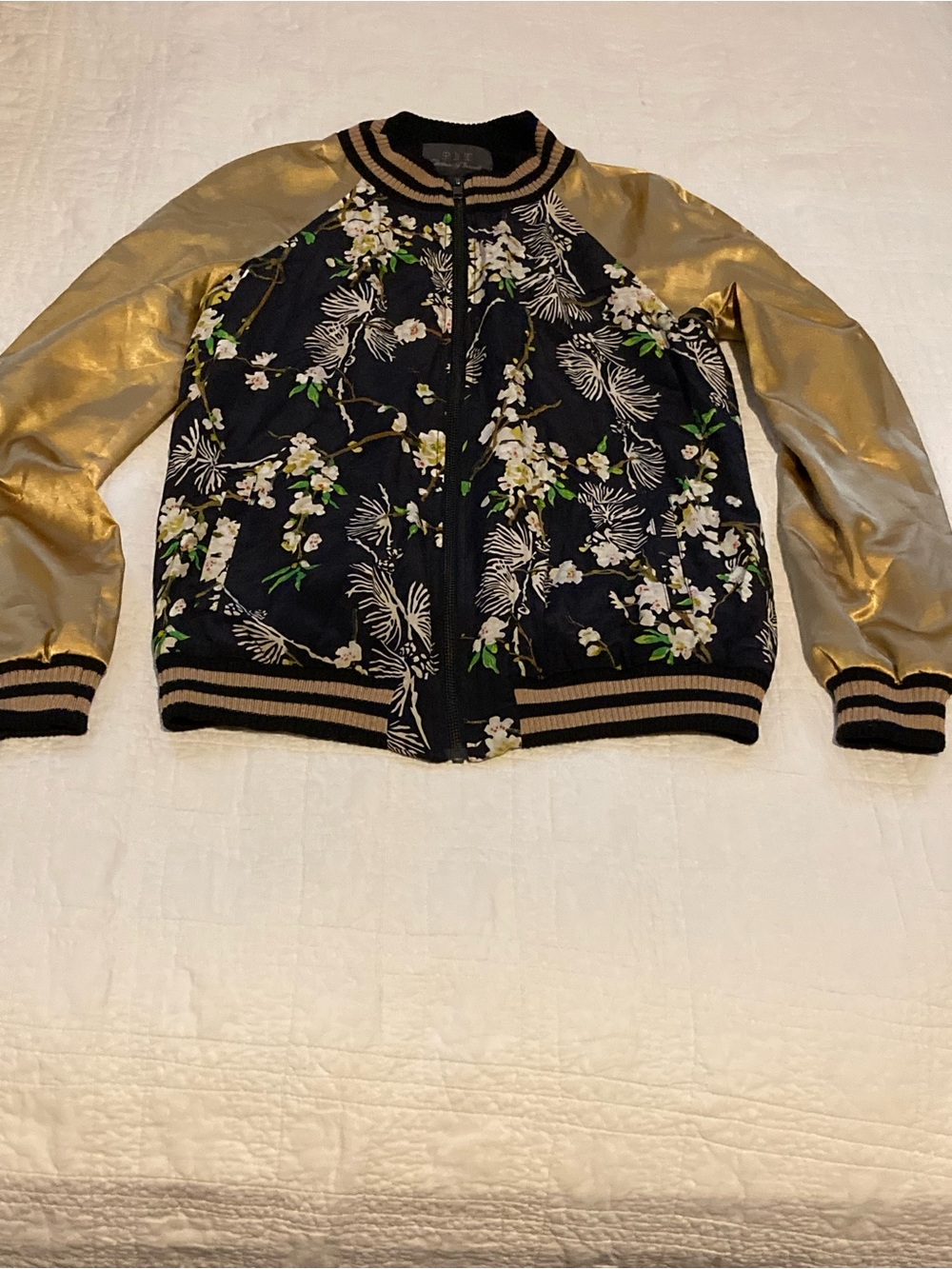 PJK Patterson J. Kincaid Black Floral Bomber with Gold Sleeves Size XS - VGUC